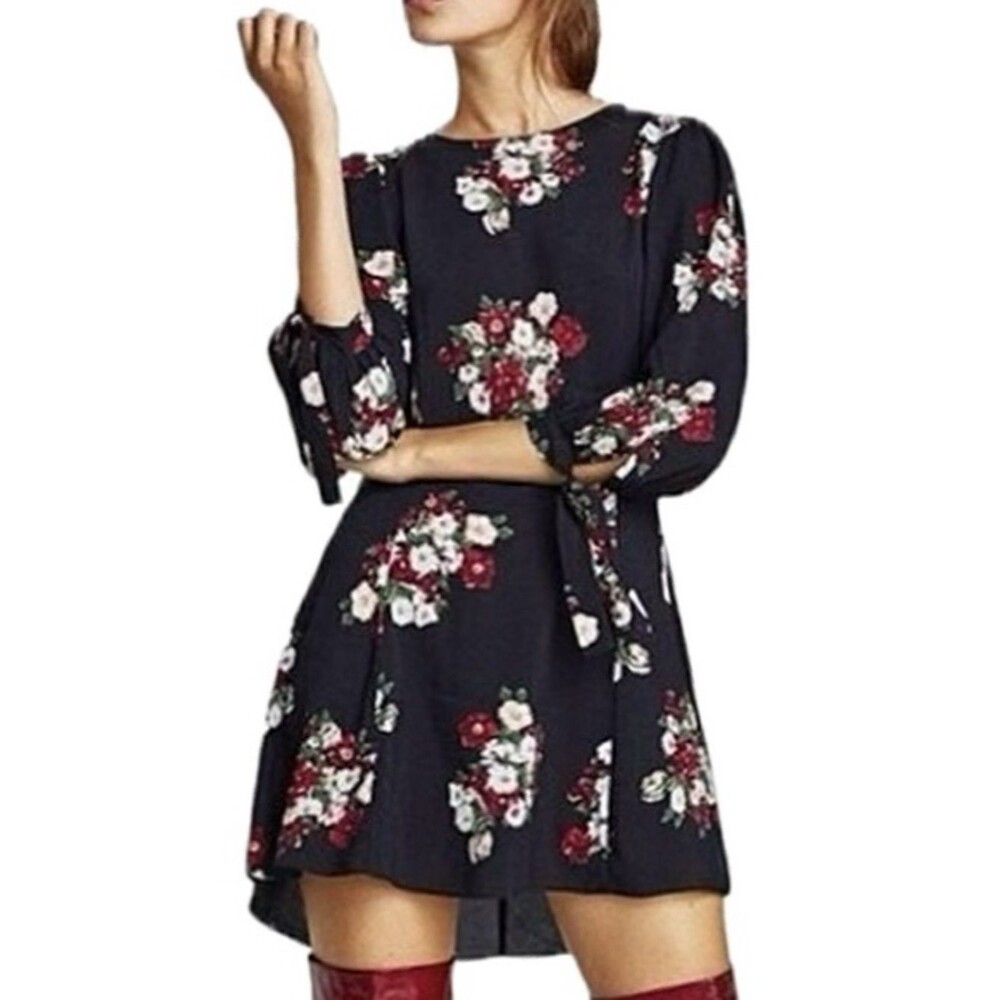ZARA Cluster Floral Print Dress Size Small A-Line Tie Puff 3/4 Sleeve Fairycore